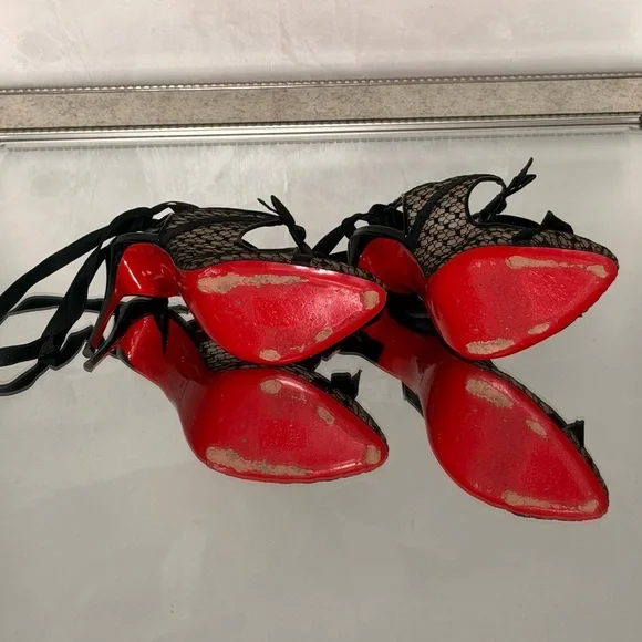 Christian Louboutin Black Lace Peep-Toe Ribbon Tie Pumps with Red Sole - Picture 3 of 9